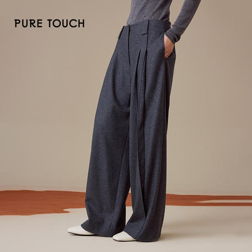 pure touch女士精纺绵羊毛阔腿裤2024秋冬宽松廓形双褶松弛感裤子 商品图3
