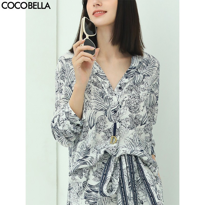 COCOBELLA艺术感素描印花时尚衬衫女优雅气质立领衬衣SR528