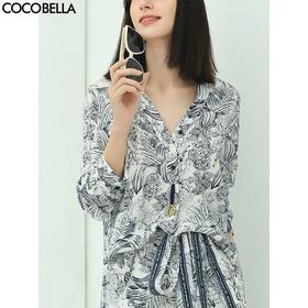 COCOBELLA艺术感素描印花时尚衬衫女优雅气质立领衬衣SR528