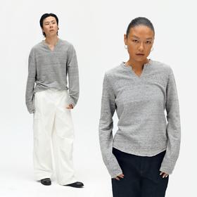 oneup散边小V领长袖T恤