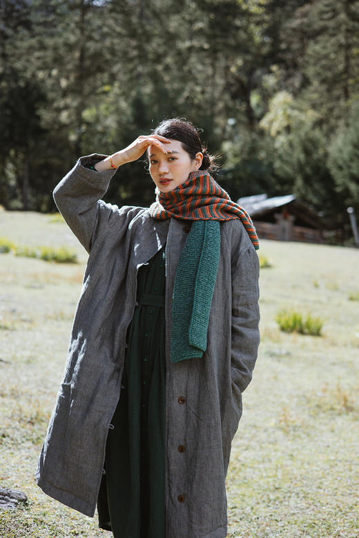 绽放旅行女装790朵/情书棉服冬季色织亚麻轻薄圆角立领长款棉衣 商品图5