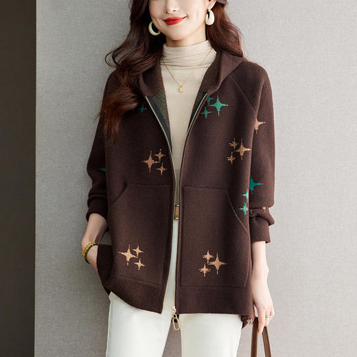 SCM181 连帽毛呢开衫女秋冬中长款遮屁股上衣2024新款胖妹妹外套拉链女装 商品图3