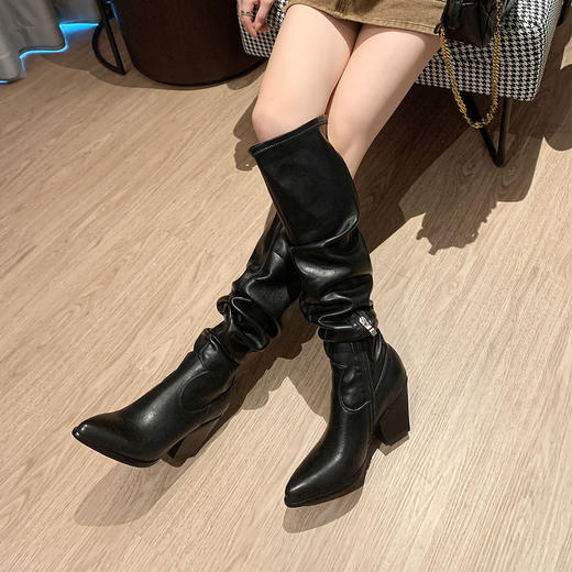 HYY3880欧美风新款牛皮褶皱过膝长筒靴~尖头侧拉链粗高跟瘦瘦靴大码靴40 商品图2