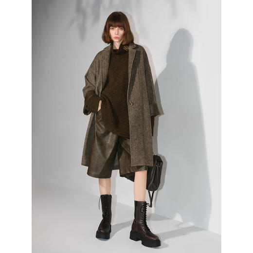 COCOBELLA复古斜纹品质大衣冬翻折PU袖口中长款毛呢外套WL3007 商品图1