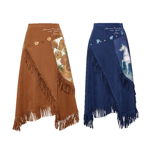 两三事梵高文艺心犹在野2024秋新款复古印花刺绣流苏不规则半身裙 商品图4