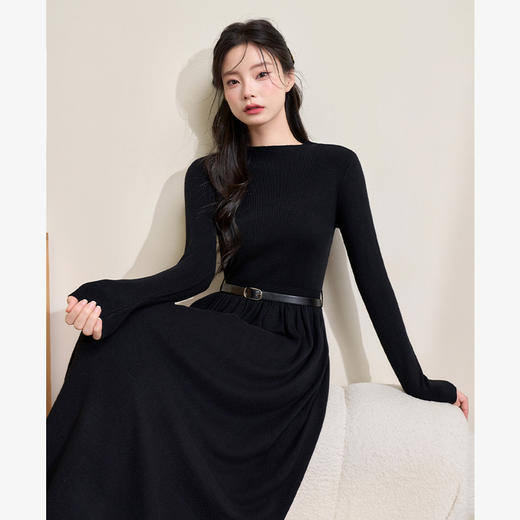 西遇长款黑色连衣裙女冬季新款老钱风腰部V字型设计裙子D0043934 商品图3