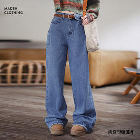 马登丹宁毛边阔腿牛仔裤宽松直筒拖地裤梨形身材显瘦长裤秋冬女