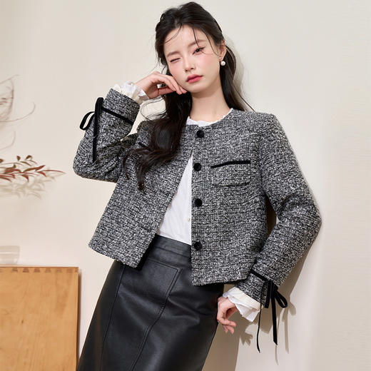 西遇短款小香风外套女冬季新款袖口蝴蝶结拼接设计上衣D0043945 商品图3