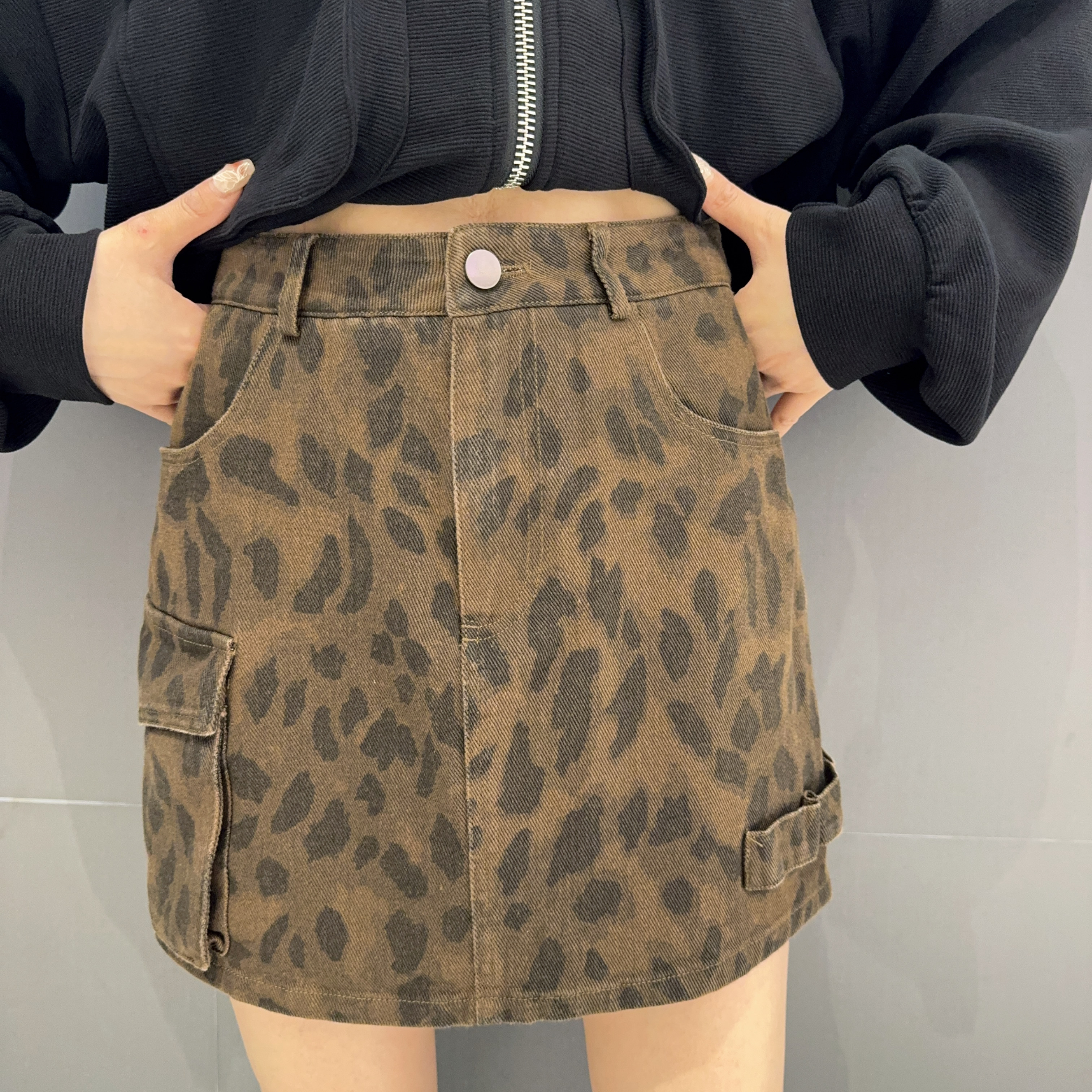 N1侧边口袋豹纹辣妹短半裙40830（卡琪） 秋季 143140200321