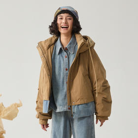 谜底连帽羽绒服女2024冬新品拼接式冲锋夹克宽松鸭绒服244MY1537