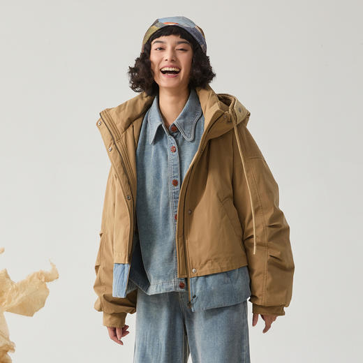 谜底连帽羽绒服女2024冬新品拼接式冲锋夹克宽松鸭绒服244MY1537 商品图0