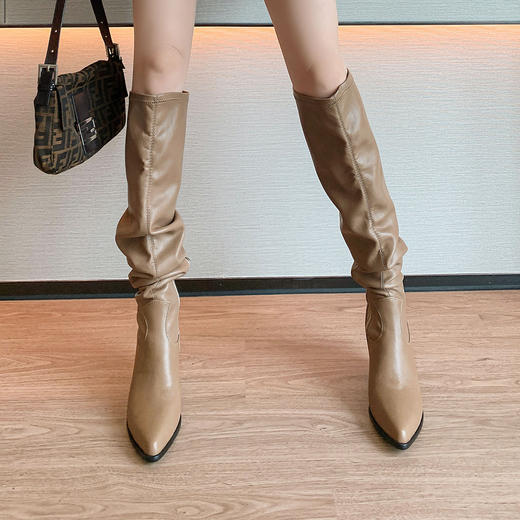 HYY3880欧美风新款牛皮褶皱过膝长筒靴~尖头侧拉链粗高跟瘦瘦靴大码靴40 商品图1