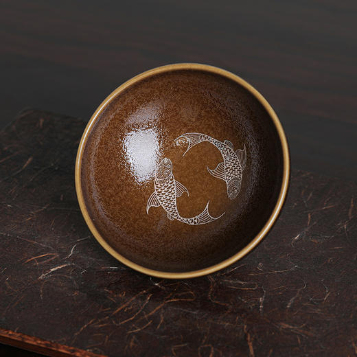 【吉州窑】非遗传人文丘亲工 鱼子纹天目釉  瑞鱼呈祥茶盏 商品图3