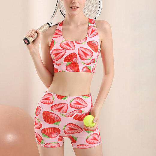 【126元任选2件】跃牌【漫西】系列 水果印花瑜伽服套装女运动文胸防震内衣紧健身短裤美背心Y208 商品图1