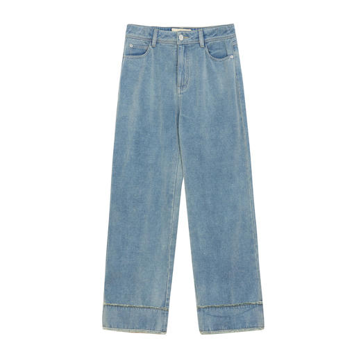 谜底直筒牛仔裤女2024冬新品百搭特色下脚毛边高腰长裤244MK1502 商品图4