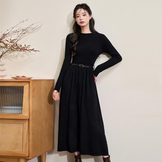 西遇长款黑色连衣裙女冬季新款老钱风腰部V字型设计裙子D0043934 商品图0