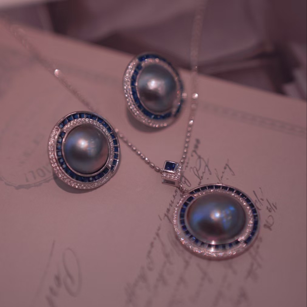 海水马贝珠吊坠耳钉套装 925纯银配件 复古时髦