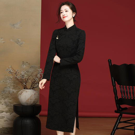 OY-24318中式文雅复古旗袍秋装2024年新款中国风提花日常改良长款 商品图0