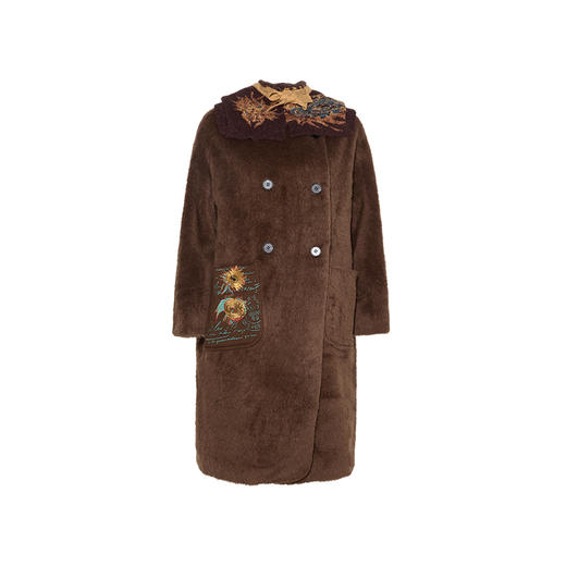 【暖冬内购】两三事梵高文艺弥香温存2024冬季新款绣花口袋可拆帽子毛呢外套女 商品图4