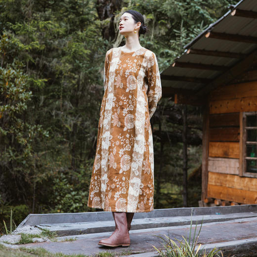绽放旅行女装793朵/秋冬*加厚棉天丝民族风提花圆领长袖连衣裙 商品图0
