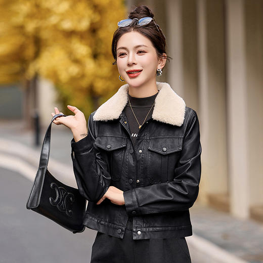 HRYBX3520 女式皮衣秋季新款新中式国风盘扣高级时尚长袖PU皮衣外套皮衣短款 商品图0