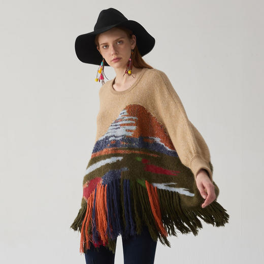 谜底套头针织衫女2024冬季新品复古风宽松A型中长款毛衣244MZ1867 商品图0