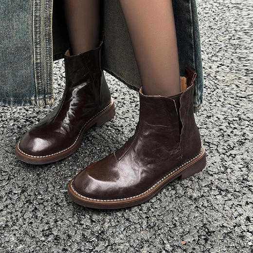 【顺丰包邮】51239 洛诗琳设计感手抓纹羊皮真皮切尔西短靴马丁靴00M1 商品图3