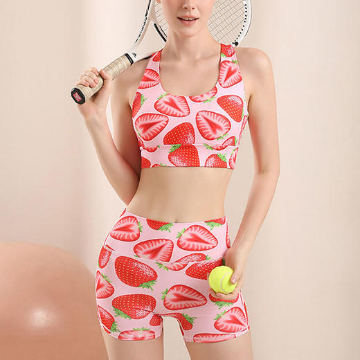 【126元任选2件】跃牌【漫西】系列 水果印花瑜伽服套装女运动文胸防震内衣紧健身短裤美背心Y208 商品图2