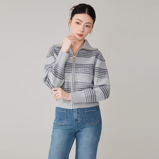 【hrf】全新升级【铂金会员293/天猫399/差价106】(33517) 洛诗琳2024秋季新款休闲时尚羊毛拉链撞色条纹针织衫外套 商品图3