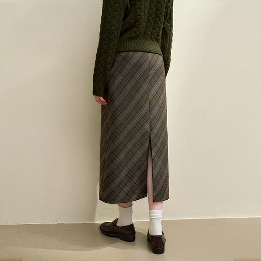 西遇中长款高腰半身裙女冬季新款直筒复古格纹呢料设计裙子14142957 商品图4