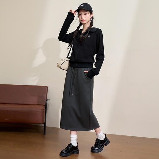 百搭日常休闲抽绳松紧腰半身裙女秋季中长款显瘦直筒裙V3642593 商品图1