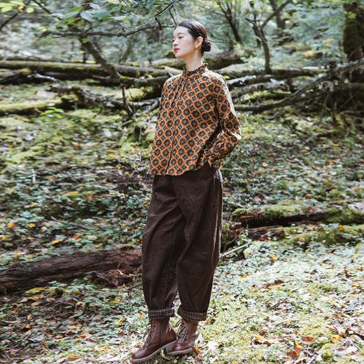 绽放旅行女装254朵/灯芯绒气球裤*全腰松紧脚口拼格纹休闲裤 商品图1