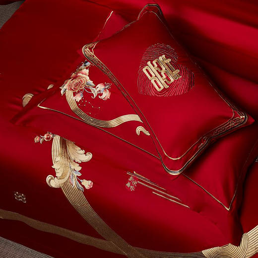 自然醒100支长绒棉四件套囍嫁系列高端刺绣婚庆四件套全棉结婚纯棉床单被套大红陪嫁婚房床品GDS 商品图6