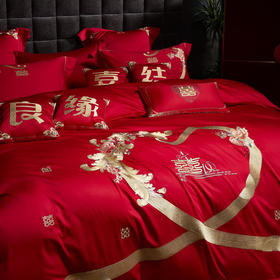 自然醒100支长绒棉四件套囍嫁系列高端刺绣婚庆四件套全棉结婚纯棉床单被套大红陪嫁婚房床品GDS