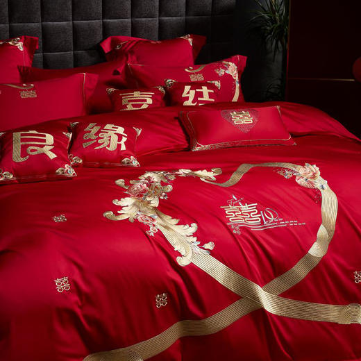 自然醒100支长绒棉四件套囍嫁系列高端刺绣婚庆四件套全棉结婚纯棉床单被套大红陪嫁婚房床品GDS 商品图0