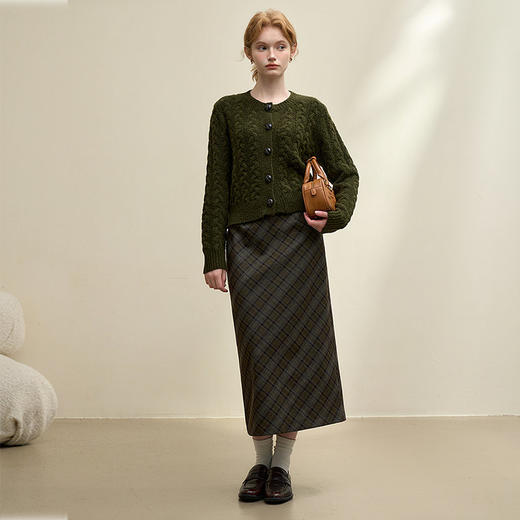 西遇中长款高腰半身裙女冬季新款直筒复古格纹呢料设计裙子14142957 商品图1