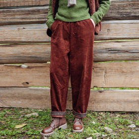 绽放旅行女装254朵/灯芯绒气球裤*全腰松紧脚口拼格纹休闲裤