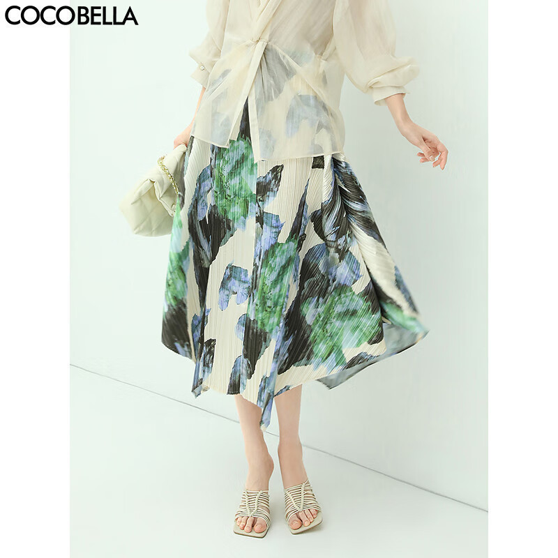 COCOBELLA重工压褶油画风半身裙女气质不规则伞裙HS529