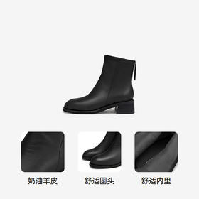 千百度粗中跟奶油羊皮靴女款冬季通勤上班时尚小短靴子A24535757