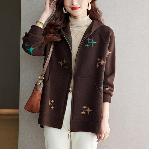 SCM181 连帽毛呢开衫女秋冬中长款遮屁股上衣2024新款胖妹妹外套拉链女装 商品图2