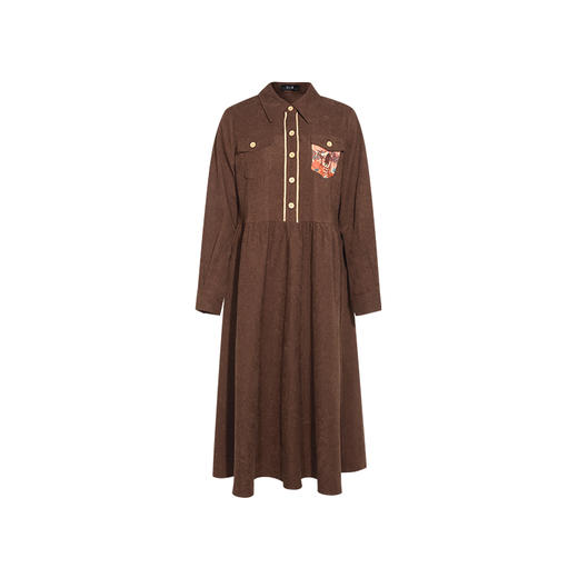 两三事 不再荒芜 2024冬季新款复古印花口袋单排扣暗纹连衣裙 商品图4