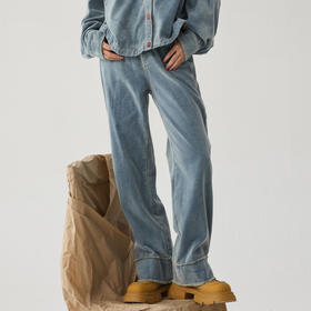 谜底直筒牛仔裤女2024冬新品百搭特色下脚毛边高腰长裤244MK1502