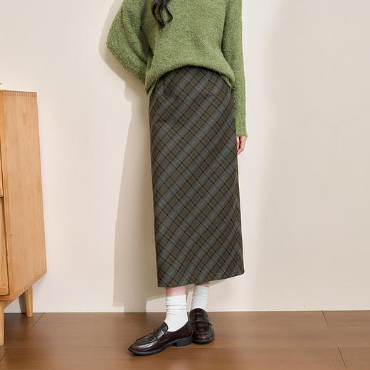 西遇中长款高腰半身裙女冬季新款直筒复古格纹呢料设计裙子14142957 商品图2