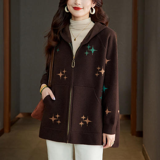 SCM181 连帽毛呢开衫女秋冬中长款遮屁股上衣2024新款胖妹妹外套拉链女装 商品图1