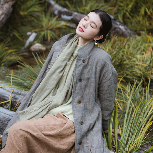 绽放旅行女装790朵/情书棉服冬季色织亚麻轻薄圆角立领长款棉衣 商品图2