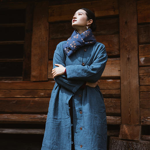 绽放旅行女装790朵/情书棉服冬季色织亚麻轻薄圆角立领长款棉衣 商品图3