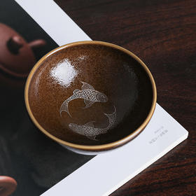 【吉州窑】非遗传人文丘亲工 鱼子纹天目釉  瑞鱼呈祥茶盏