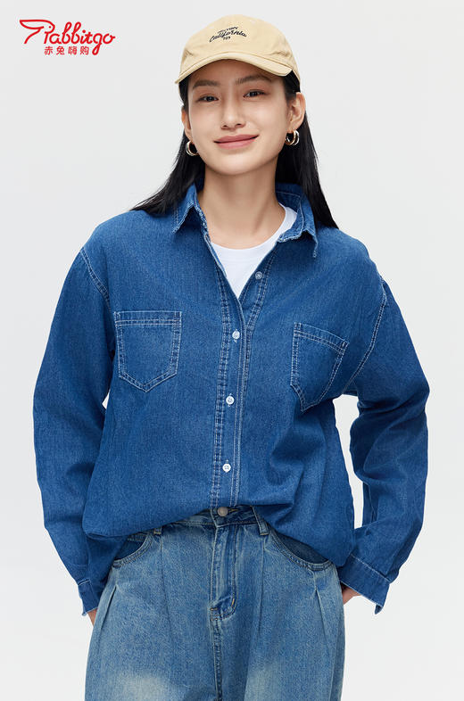 赤兔嗨购美式复古蓝色牛仔衬衫女秋24新款气质正肩衬衣外搭polo领外套 商品图1