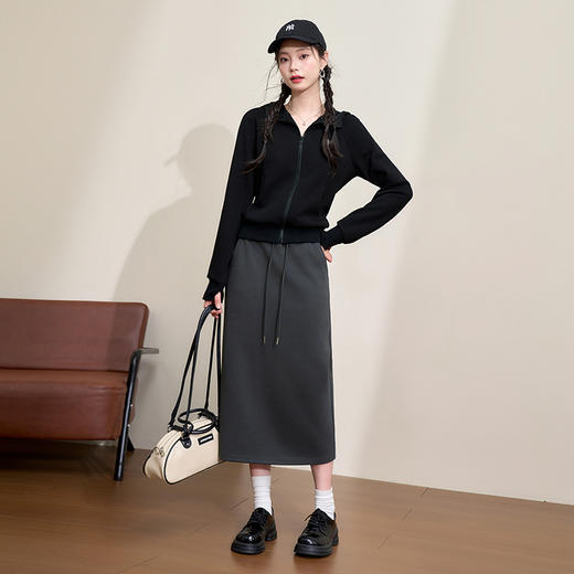 百搭日常休闲抽绳松紧腰半身裙女秋季中长款显瘦直筒裙V3642593 商品图3