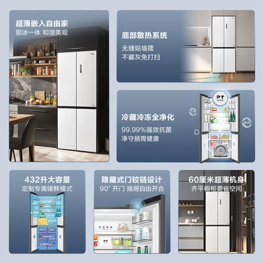 美的（Midea）60厘米嵌系列十字对开门超薄嵌入式大容量家用智能变频电冰箱一级能效BCD-432WUSGPZM(E) 商品图1